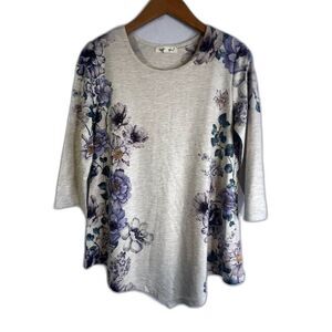 Indigo Soul Cream Floral Print 3/4 Sleeve Jeweled Asymmetrical Tunic Top Small